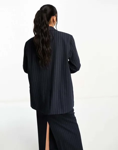Свободный темно-синий пиджак в тонкую полоску ASOS