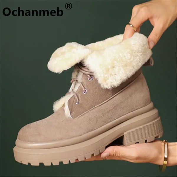 Женские зимние ботинки Ochanmeb с овечьим мехом, толстые теплые шерстяные флисовые ботильоны на платформе и массивном каблуке со шнуровкой, женская обувь с круглым носком телесного цвета