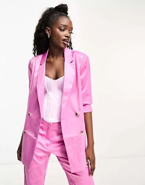 Ярко-розовый атласный пиджак оверсайз Pieces