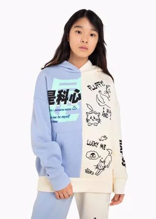 Двухцветное худи oversize с принтом для девочки Gloria Jeans