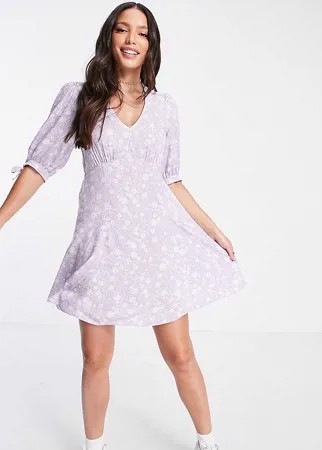 Сиреневое платье мини с V-образным вырезом, завязками на рукавах и цветочным принтом New Look Tall-Фиолетовый цвет