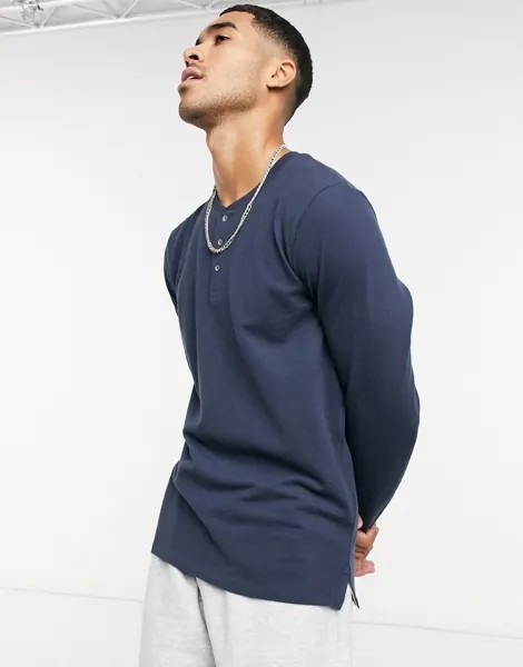 Темно-синий лонгслив с воротом на пуговицах Jack & Jones Essentials