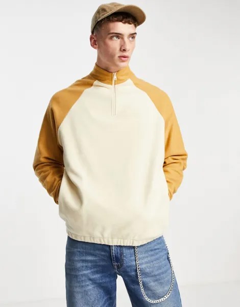 Флисовый oversized-свитшот с короткой молнией и контрастными рукавами ASOS DESIGN-Светло-бежевый цвет