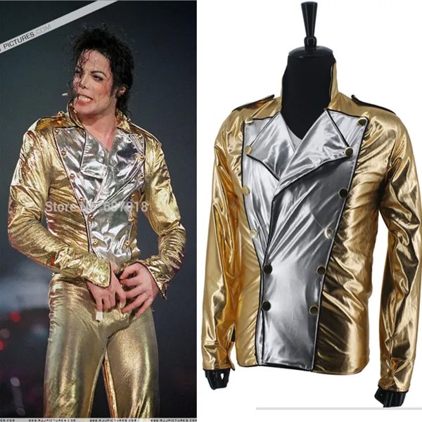 Классическая двухбортная тканая куртка MJ с изображением Майкла Джексона из золотистого спандекса для представлений костюм на Хэллоуин подарок