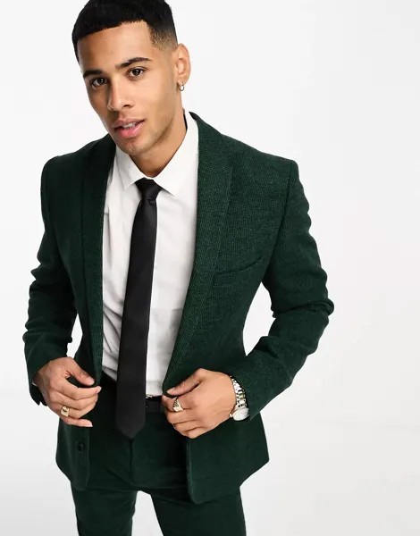 Пиджак Asos Design Wedding Super Skinny Wool Mix Suit Puppytooth, темно-зеленый