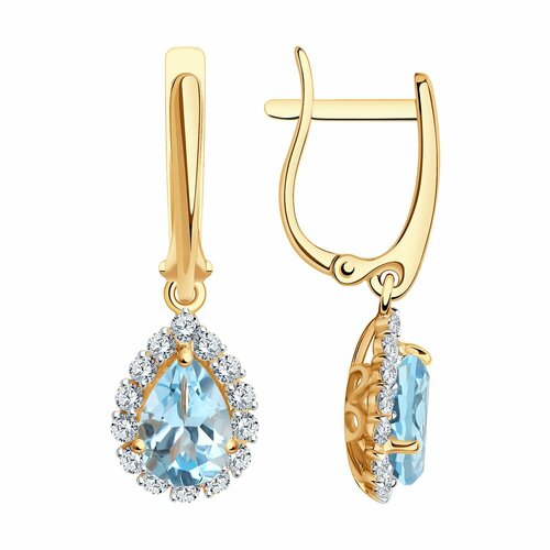 Серьги Яхонт, золото, 585 проба, фианит, топаз, , голубой, бесцветный