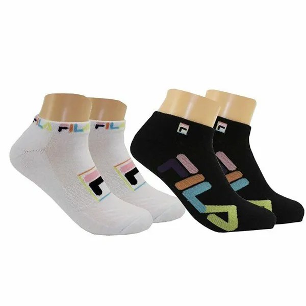 В упаковке 2 пары — черно-белые носки-невидимки унисекс с полуподушками FILA, черно-белые радужные логотипы