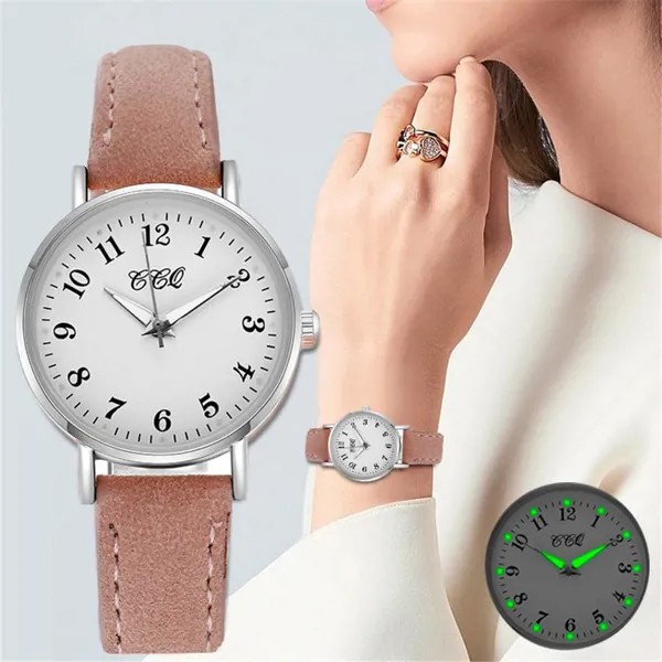 Светящиеся женские часы Мода Дамы Аналоговые кварцевые наручные часы Повседневный кожаный ремешок Цифровой циферблат Часы Часы Аксессуары