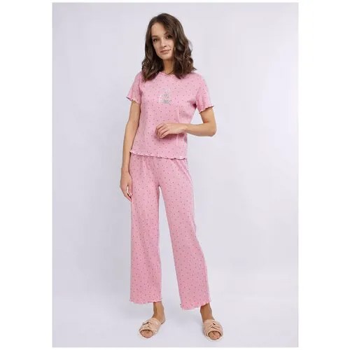 Пижама CLEVER, брюки, футболка, короткий рукав, трикотажная, пояс на резинке, размер M, розовый