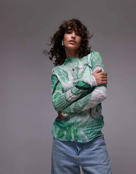 Topshop – зеленый топ с длинными рукавами и рюшами с абстрактным узором