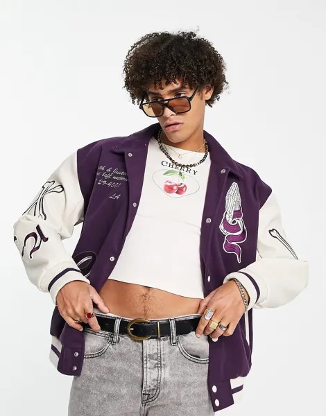 Фиолетовый свободный университетский бомбер ASOS DESIGN