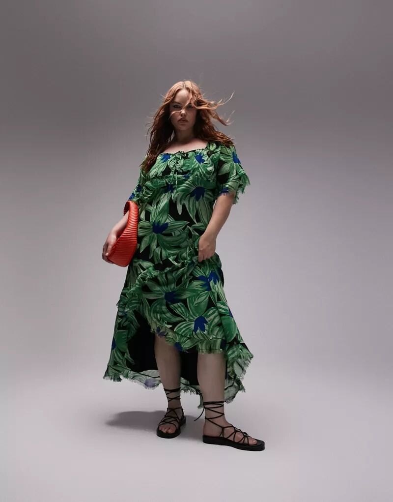 Зеленое платье миди для особого случая Topshop с цветочным принтом, завязками на спине и необработанным подолом