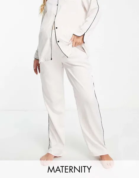 Loungeable атласные пижамные брюки кремового цвета с черной окантовкой для беременных