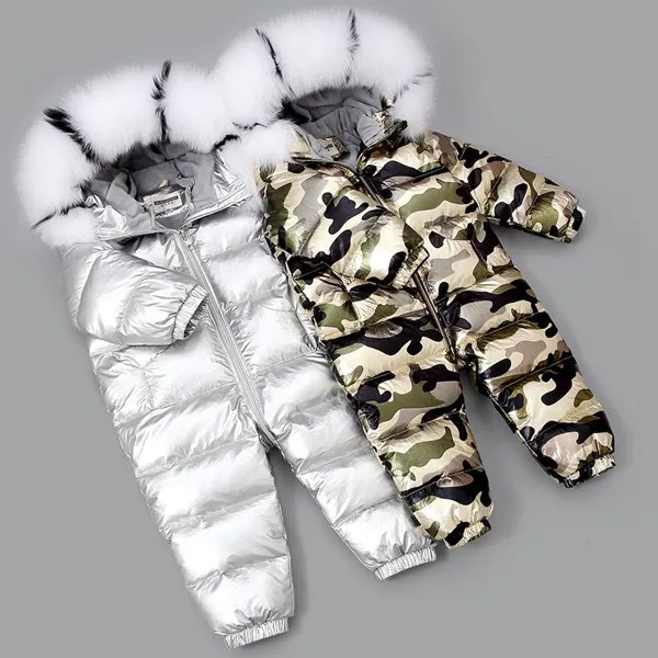 Зимний модный цельный пуховик для малышей до 30 градусов Серебристые водонепроницаемые лыжные костюмы для мальчиков теплые зимние костюмы ...