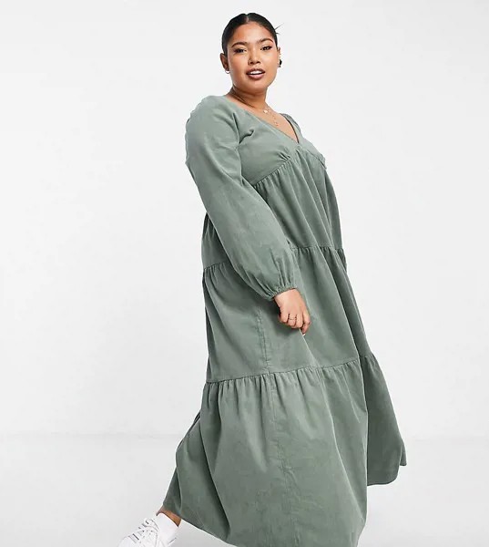 Свободное ярусное вельветовое платье миди цвета хаки в стиле бэбидолл ASOS DESIGN Curve-Зеленый цвет