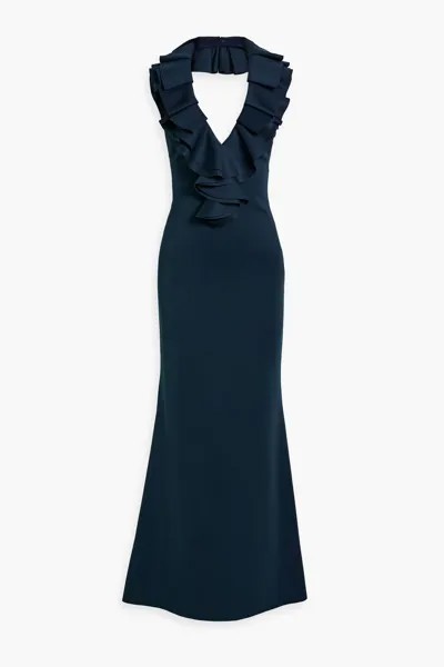 Платье с воротником-халтером и оборками Badgley Mischka, темно-синий