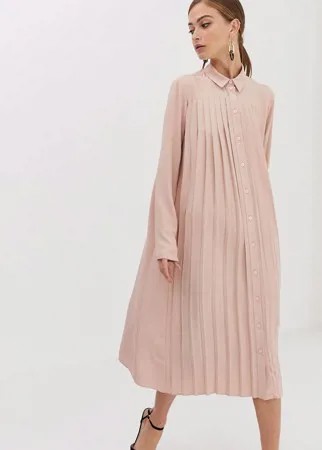 Бледно-розовое плиссированное платье-рубашка миди ASOS DESIGN-Розовый