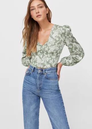 Stradivarius Блуза С Принтом И V-Образным Вырезом Зеленый Xs