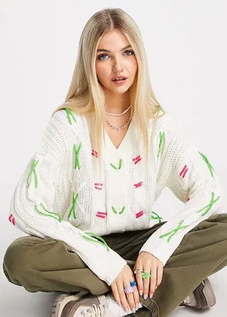 Oversized-кардиган вязки косичкой с контрастной яркой строчкой Native Youth-Белый
