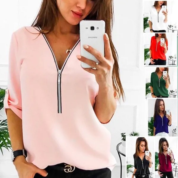 Дамы Мода Весна Летнее пальто Хлопок Рубашка Дамы Циппер Глубокий V-Neck Slim Waist Свободный Большой размер Элегантный Дамы Куртка Мода Pullover