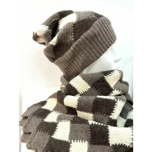 Комплект Snapp Комплект шапка + шарф женский, шерсть, размер OneSize, белый, коричневый