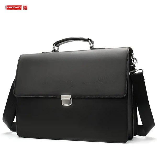 Новый деловой мужской портфель из натуральной кожи, мужская сумка с пряжкой, сумка на плечо для ноутбука 14 дюймов, однотонные черные кожаные дорожные сумки-тоут