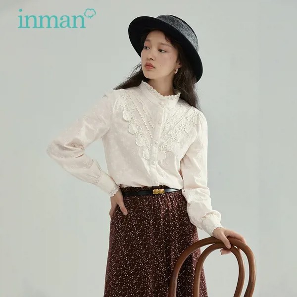 Женская блузка INMAN, весенне-осенний элегантный стильный Топ, Женская кружевная рубашка абрикосового цвета с воротником-стойкой, женская оде...