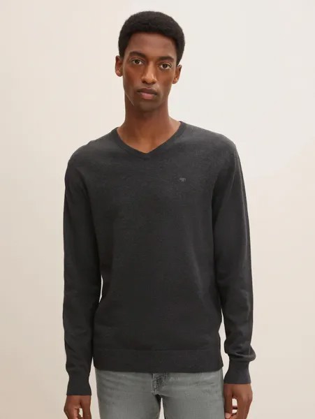 Пуловер Tom Tailor Dünner Feinstrick Basic V Ausschnitt Sweater, темно серый