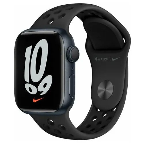 Apple Watch Series 7, 41 мм, корпус из алюминия цвета «тёмная ночь», спортивный ремешок Nike цвета «антрацитовый/чёрный