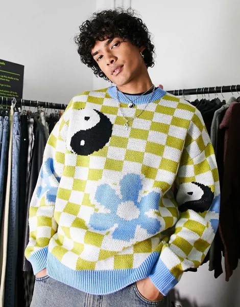 Трикотажный джемпер в шахматную клетку с принтом символа инь-ян ASOS DESIGN-Разноцветный