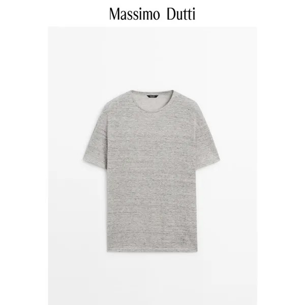 Летняя новинка Massimo Dutti, мужская новинка 2024 года, повседневная базовая дышащая футболка из хлопка и льна серого цвета с короткими рукавами и круглым вырезом 01428291812, цвет серый
