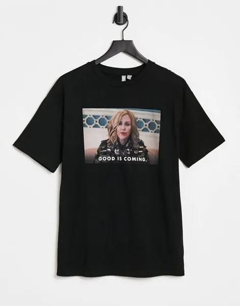 Черная футболка с персонажем из сериала «Шиттс Крик» ASOS DESIGN-Черный цвет