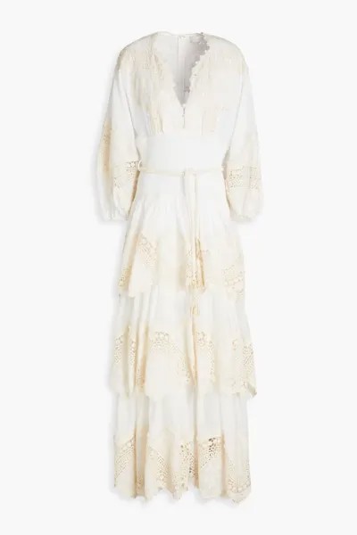 Платье Zimmermann Crocheted Lace-trimmed Tiered Ramie-gauze Maxi, белый/кремовый