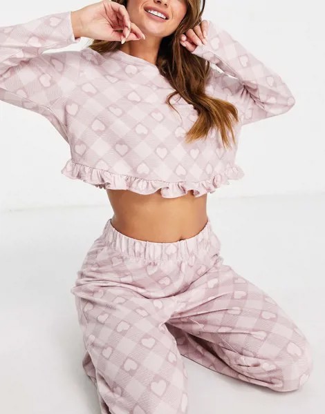 Мягкая пижама из топа и брюк с принтом сердечек Miss Selfridge-Розовый цвет