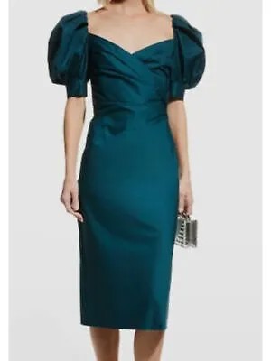 Женское темно-бирюзовое платье-футляр OSCAR DE LA RENTA без подкладки с разрезом сзади и рукавами-пуф 4