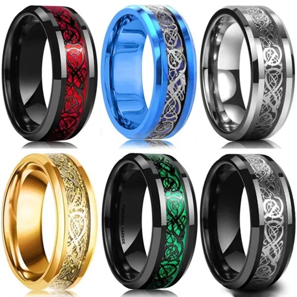 8 цветов 8 мм мужская нержавеющая сталь dragon ring вкладка красный зеленый черный углеродное волокно обручальное кольцо ювелирные изделия размер 7-12