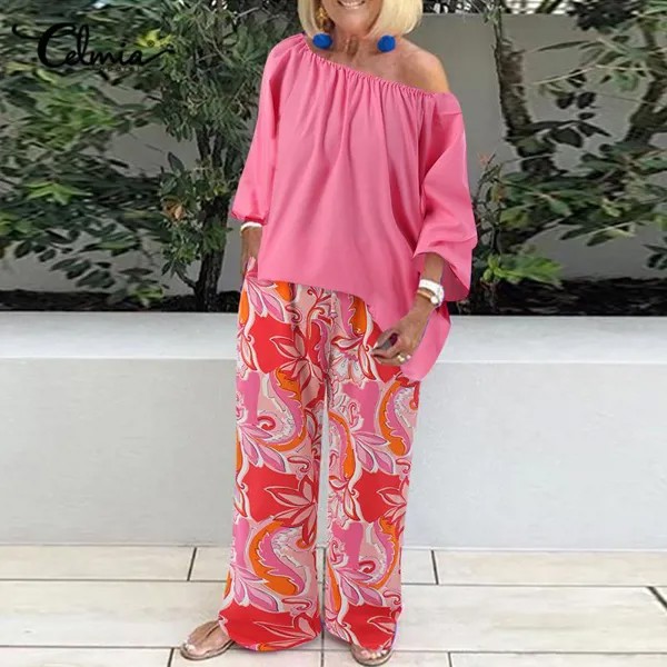 Celmia Spring Two Piece Sets Womens Fashion Off The Shoulder Tops And Floral Print Wide Leg Long Pants Casual Loose Suits Plus Size Одежда