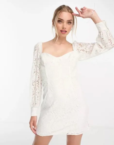 Белое кружевное платье мини с длинными рукавами French Connection