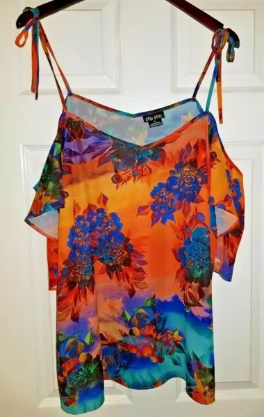 Блузка с открытыми плечами и завязками CITY CHIC Miami, МАЛЕНЬКАЯ 16W, с тропическим цветочным принтом и закатным принтом
