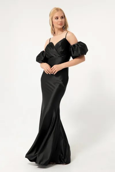 Женское длинное атласное вечернее платье с длинными рукавами и черным веревочным ремнем Lafaba, черный