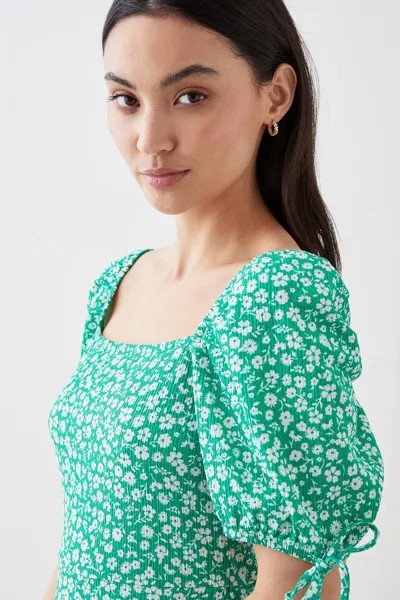 Мини-платье Petite Ditsy с завязками на рукавах и оборкой по подолу Dorothy Perkins, зеленый