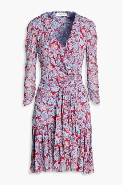 Платье мини с запахом и эластичной сеткой Paloma с принтом и оборками Diane Von Furstenberg, светло-синий