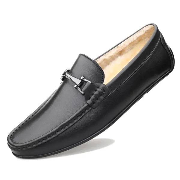 Мужские кожаные мокасины для вождения AGSan, черные брендовые плюшевые Мокасины с мехом, теплая обувь для зимы, 2019