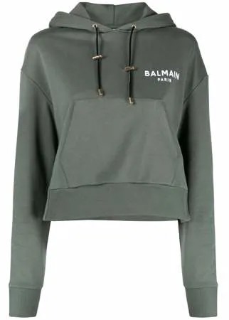 Balmain flocked logo detail cropped hoodie