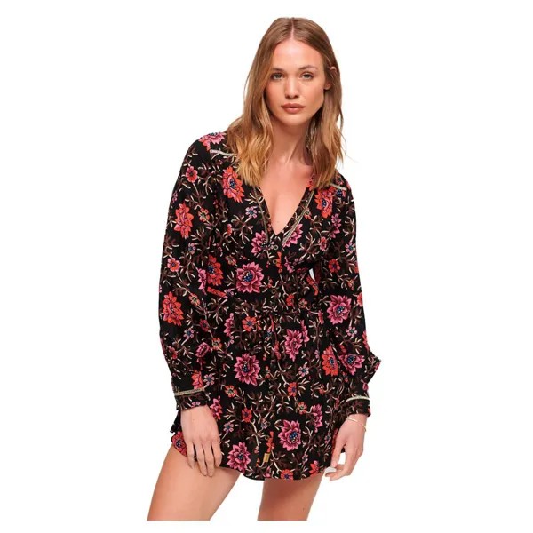 Короткое платье Superdry Printed V Tea Long Sleeve, разноцветный
