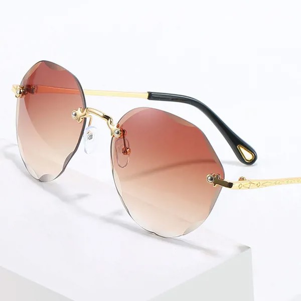 Очки солнцезащитные женские круглые без оправы, модные роскошные брендовые металлические затемненные очки UV400
