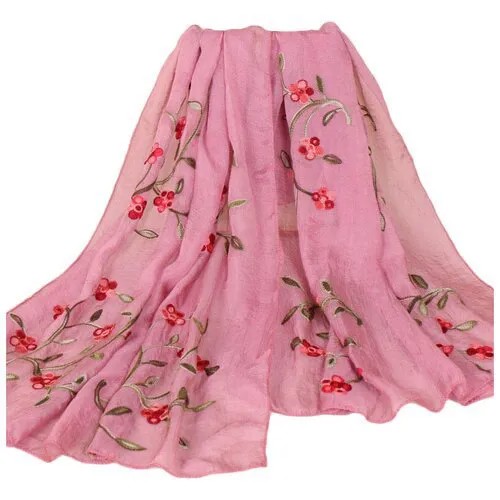 Тонкий шарф с вышивкой цветов омелы (розовый)