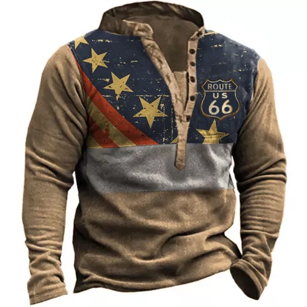Мужская тактическая мужская толстовка с американским флагом Route 66 Print Fleece Henley Tactical Men's Sweatshirt