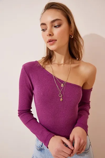 Женская светло-сливовая трикотажная блузка с открытыми плечами и шнуровкой Happiness İstanbul, фиолетовый