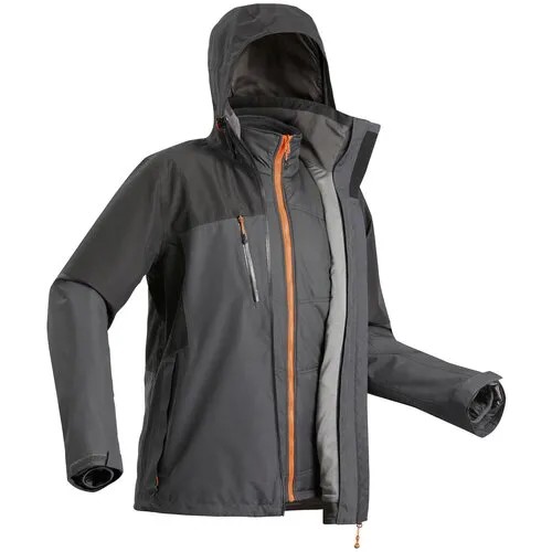 Куртка Decathlon демисезонная, силуэт полуприлегающий, подкладка, внутренний карман, мембранная, карманы, манжеты, капюшон, съемная подкладка, водонепроницаемая, размер 3XL/60-62, серый, черный